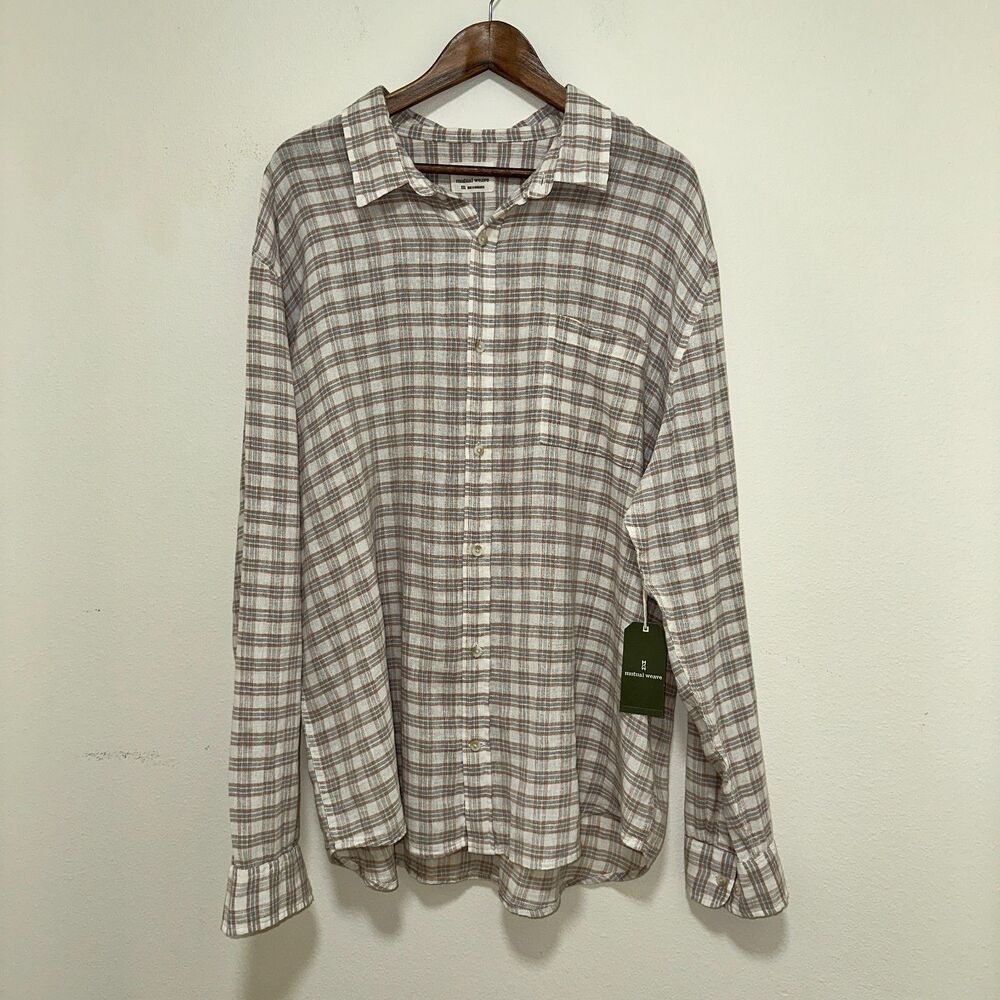 Mutual Weave Shirt Mens Long‎ Sleeve XXL Plaid Cloud Blue/Brown Linen Blend NWT